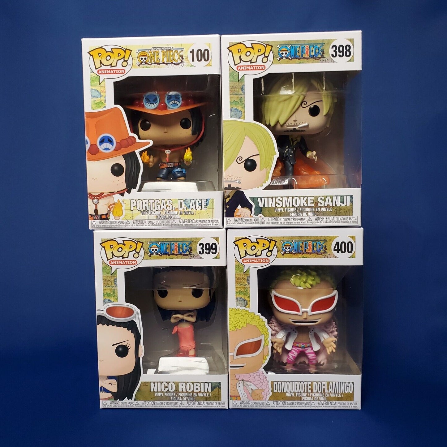 Funko Pop One Piece Bundle Nico Robin 399 Portgas 100 Doflamingo 400 Sanji 398