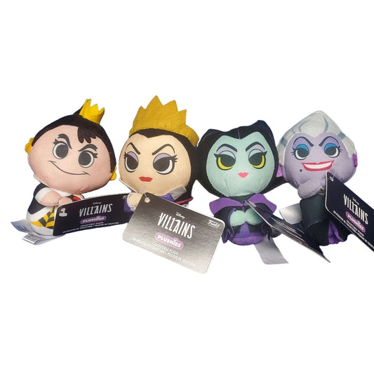 4PK FUNKO VILLAINS PLUSH SET Maleficent Queen Hearts Grimhilde Ursula 4" NEW