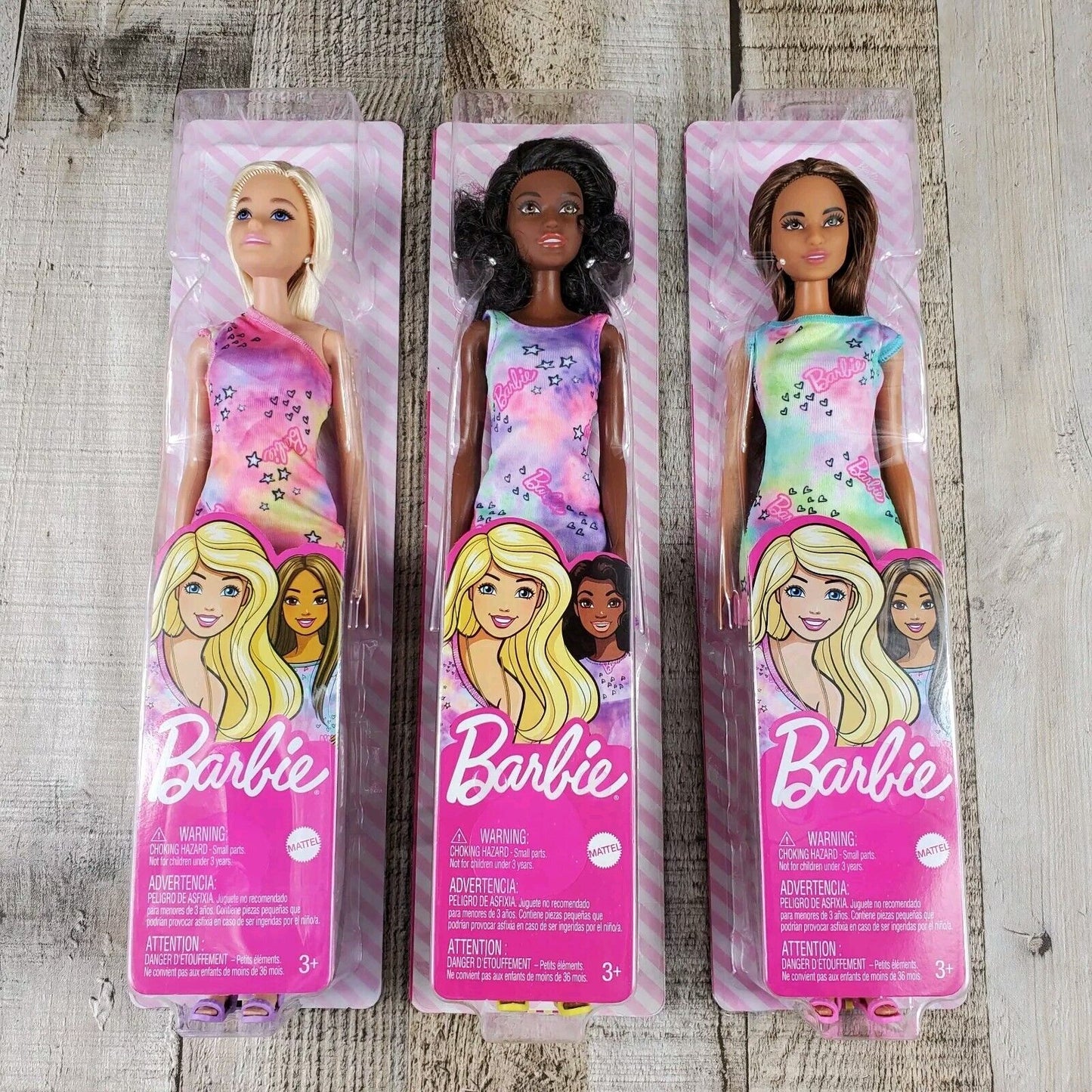 3x Barbie Doll 2020 Logo Tie-Dye Dress Caucasian Brunette & African-American New