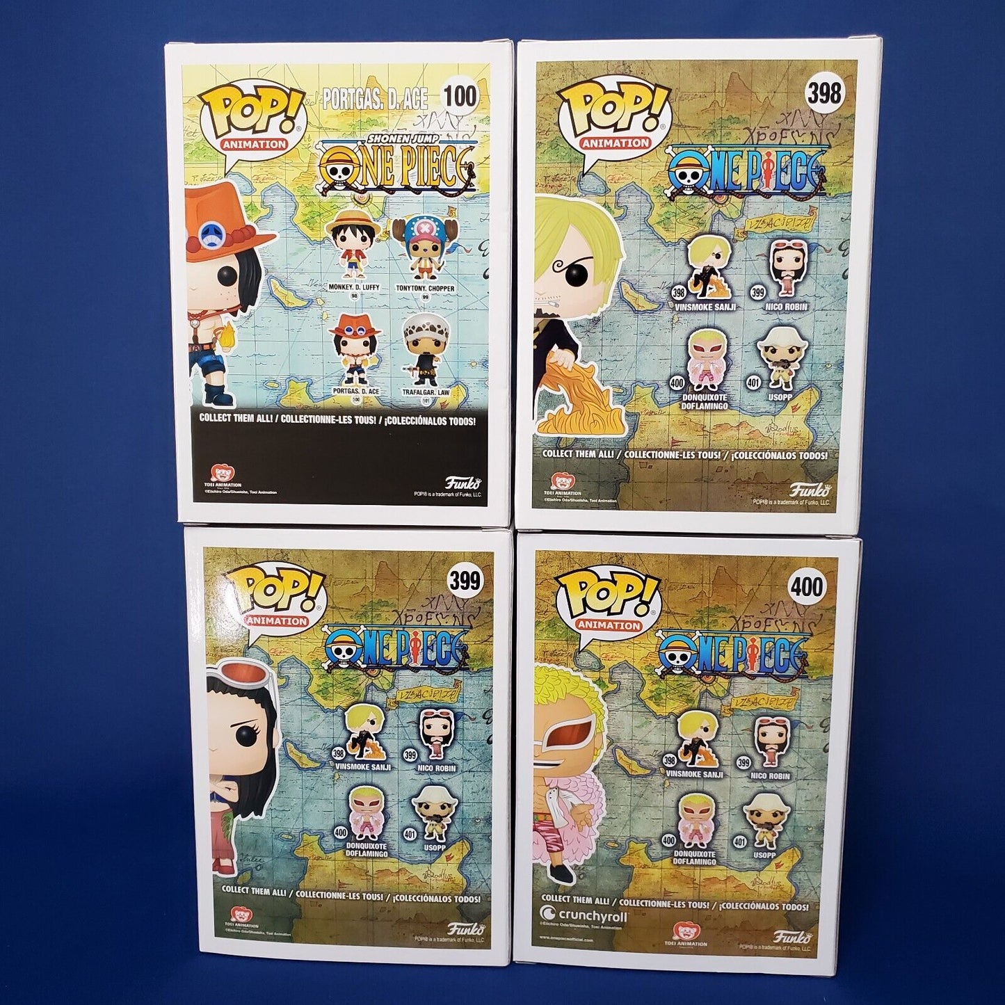 Funko Pop One Piece Bundle Nico Robin 399 Portgas 100 Doflamingo 400 Sanji 398