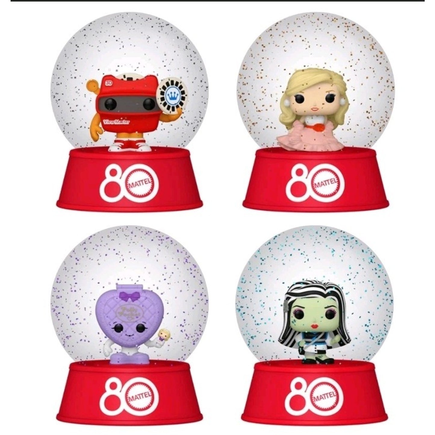 Funko Mattel 80th Anniversary Snow Globes 4pk Frankie Barbie Polly View Master