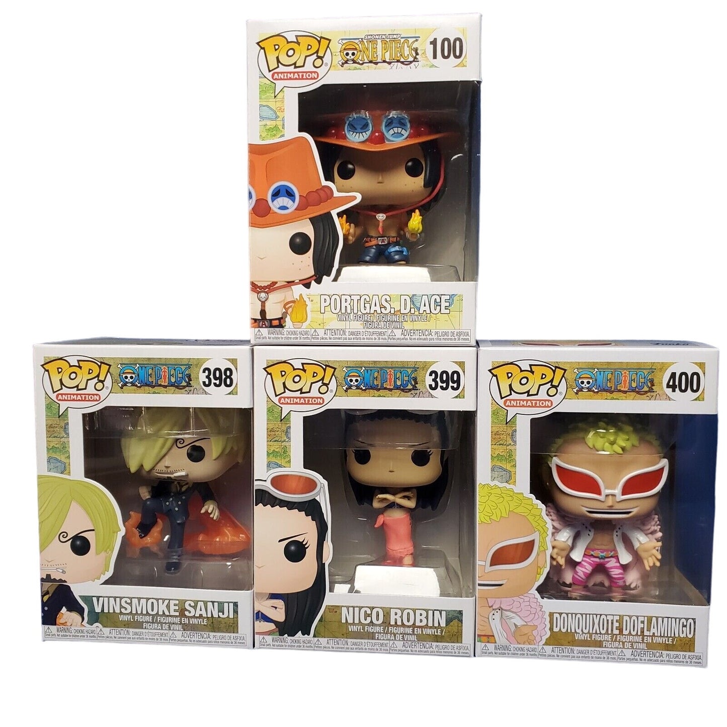 Funko Pop One Piece Bundle Nico Robin 399 Portgas 100 Doflamingo 400 Sanji 398
