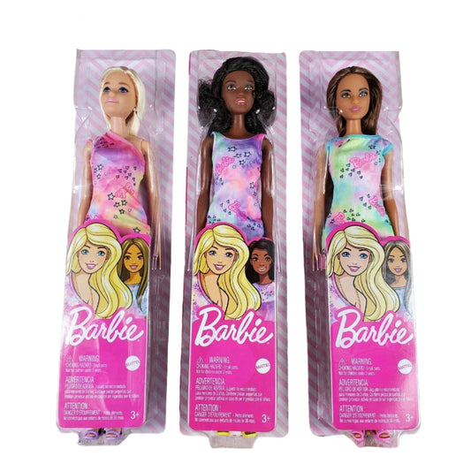 3x Barbie Doll 2020 Logo Tie-Dye Dress Caucasian Brunette & African-American New